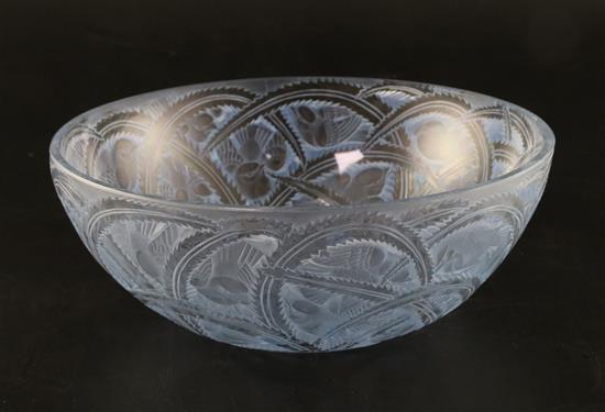 A Rene Lalique Pinsons clear and blue-stained etched glass bowl, Dia 24cm